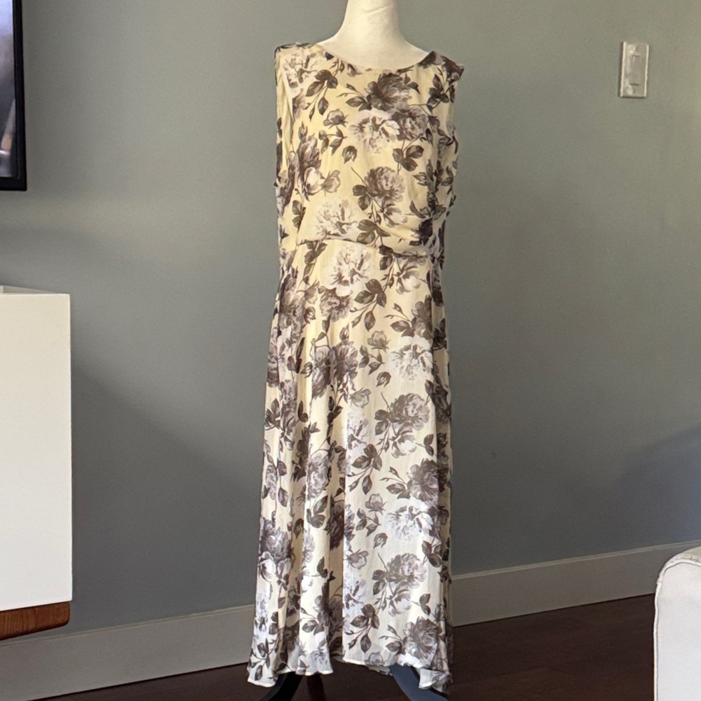NWOT Connected Apparel Floral Cream and Brown Sleeveless Dress, Size 16
